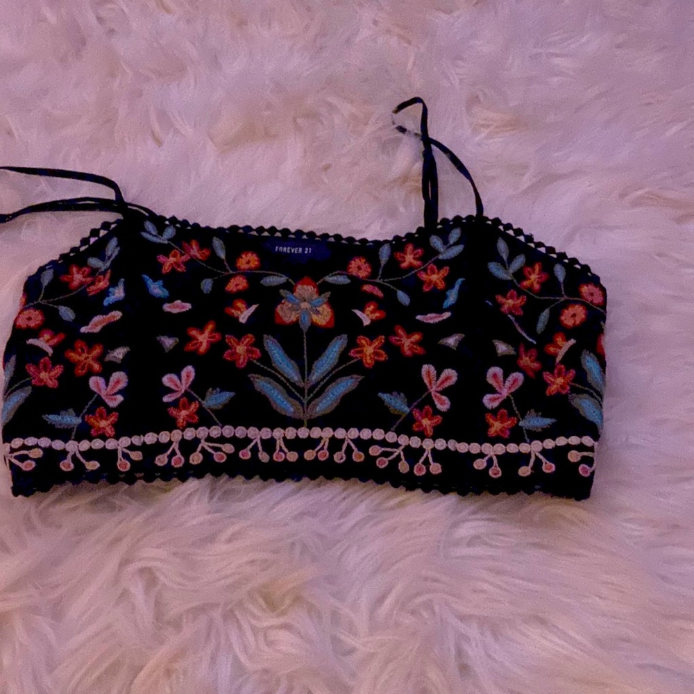 Black floral embroidered crop top